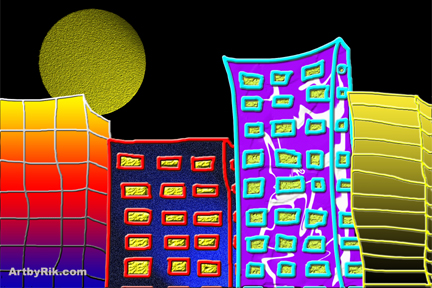 Computer art of buildings and moon.